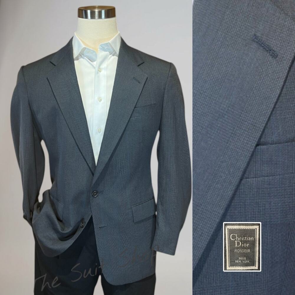 Vtg Christian Dior Monsieur 42R Slate & Royal Blue Glen Plaid Designer Blazer
